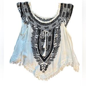 Anthropologie White Tunic Halter with Black Embroidered Yoke Tassels Fringe
